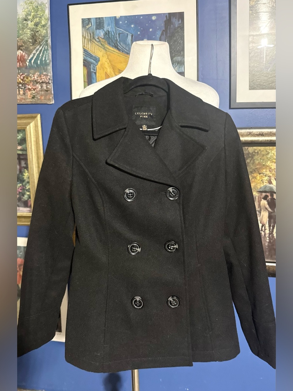 Celebrity Pink Black Double-Breasted Peacoat